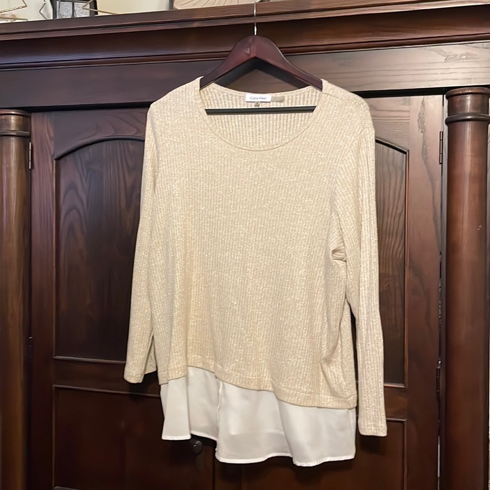 Calvin Klein sparkle gold top w/ white shirt tail